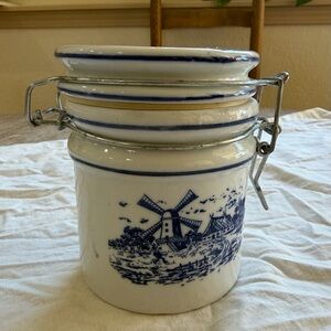VTG Delft Blue and White Ceramic Canister with Windmill Design